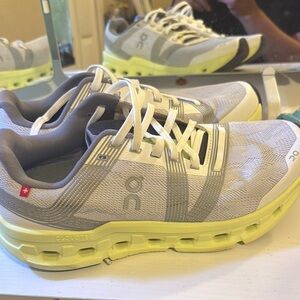 On Running Light Gray and Soft Yellow Shoes